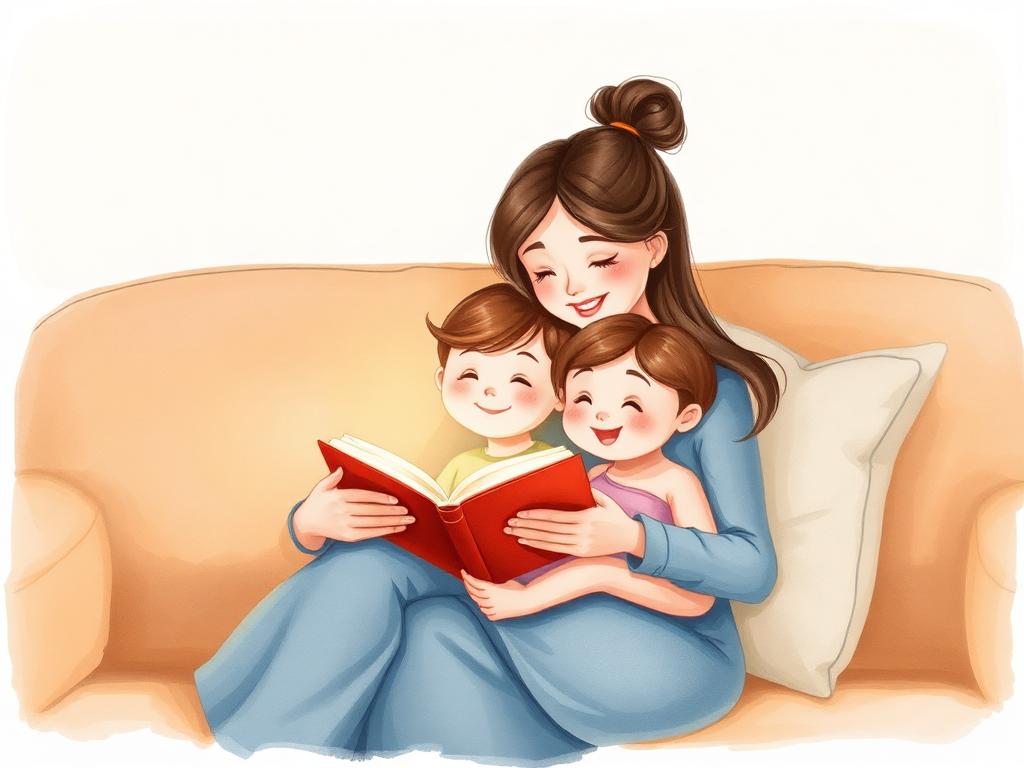 Mãe lendo a Bíblia com os filhos